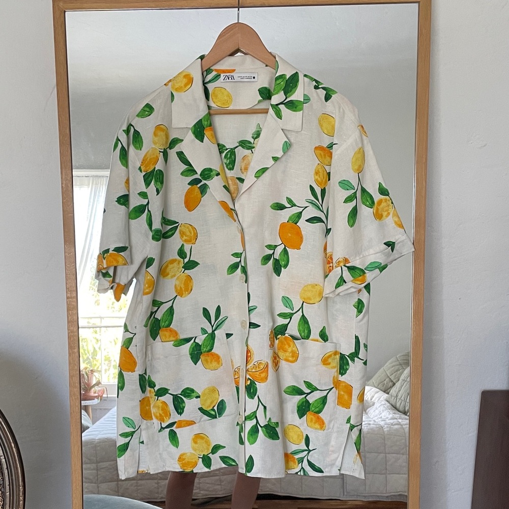 Zara lemon print linen cotton linen mini shirt dress / top